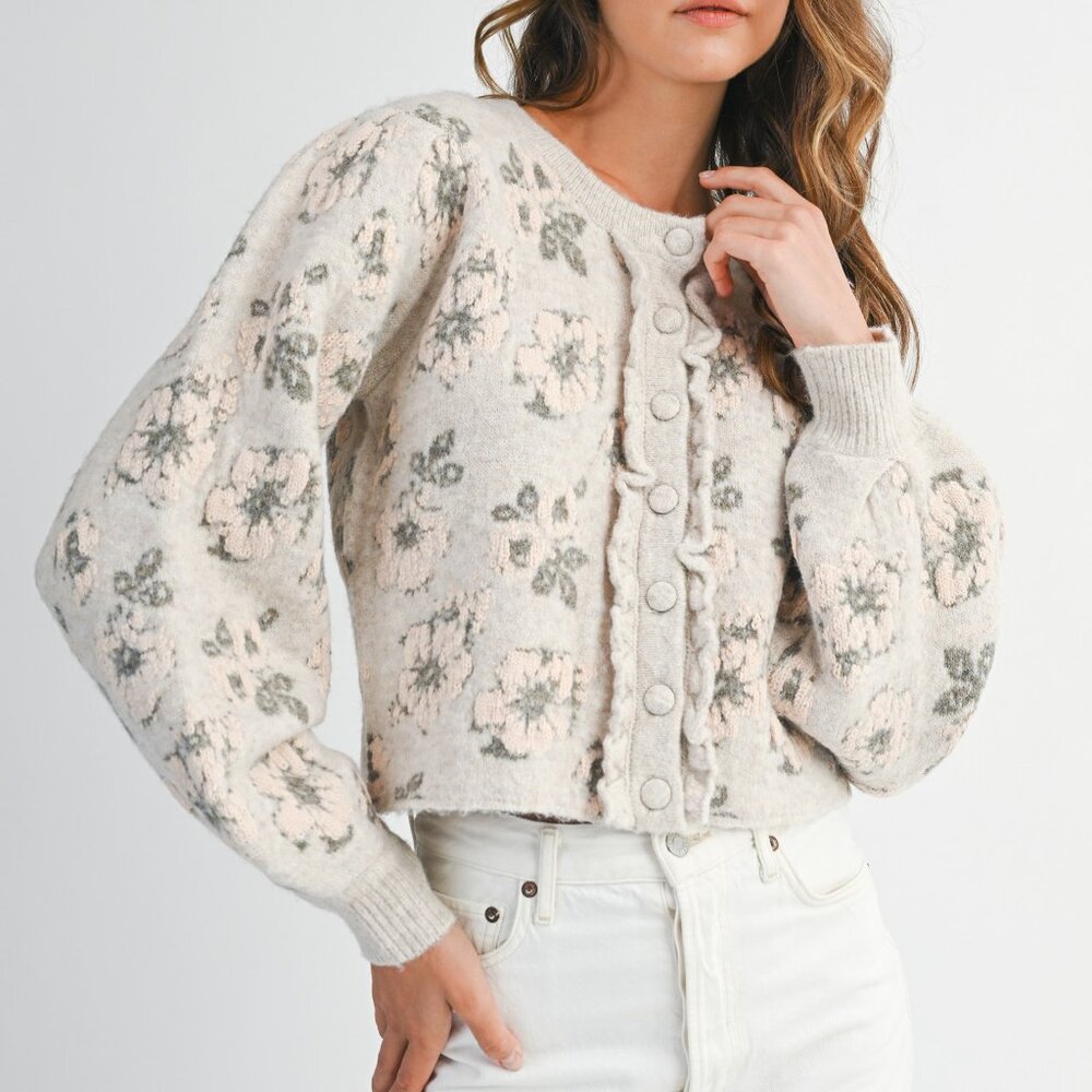 NWT Light Taupe Floral Knit Puff Sleeve Button-Up Chunky Cardigan Sweater Jacket